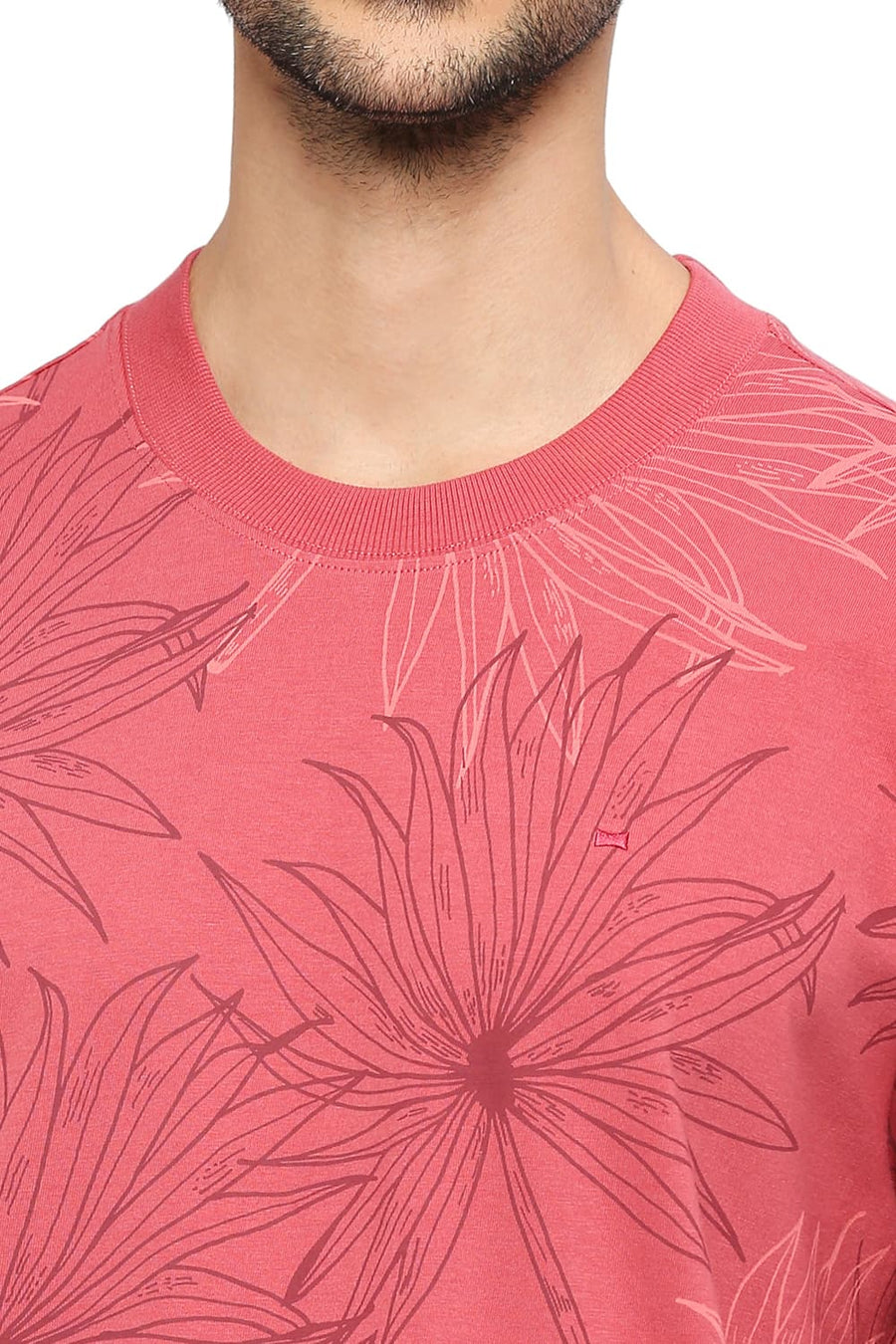 BASICS RELAXED FIT GARNET ROSE COTTON PRINTED CREW T-SHIRTS
