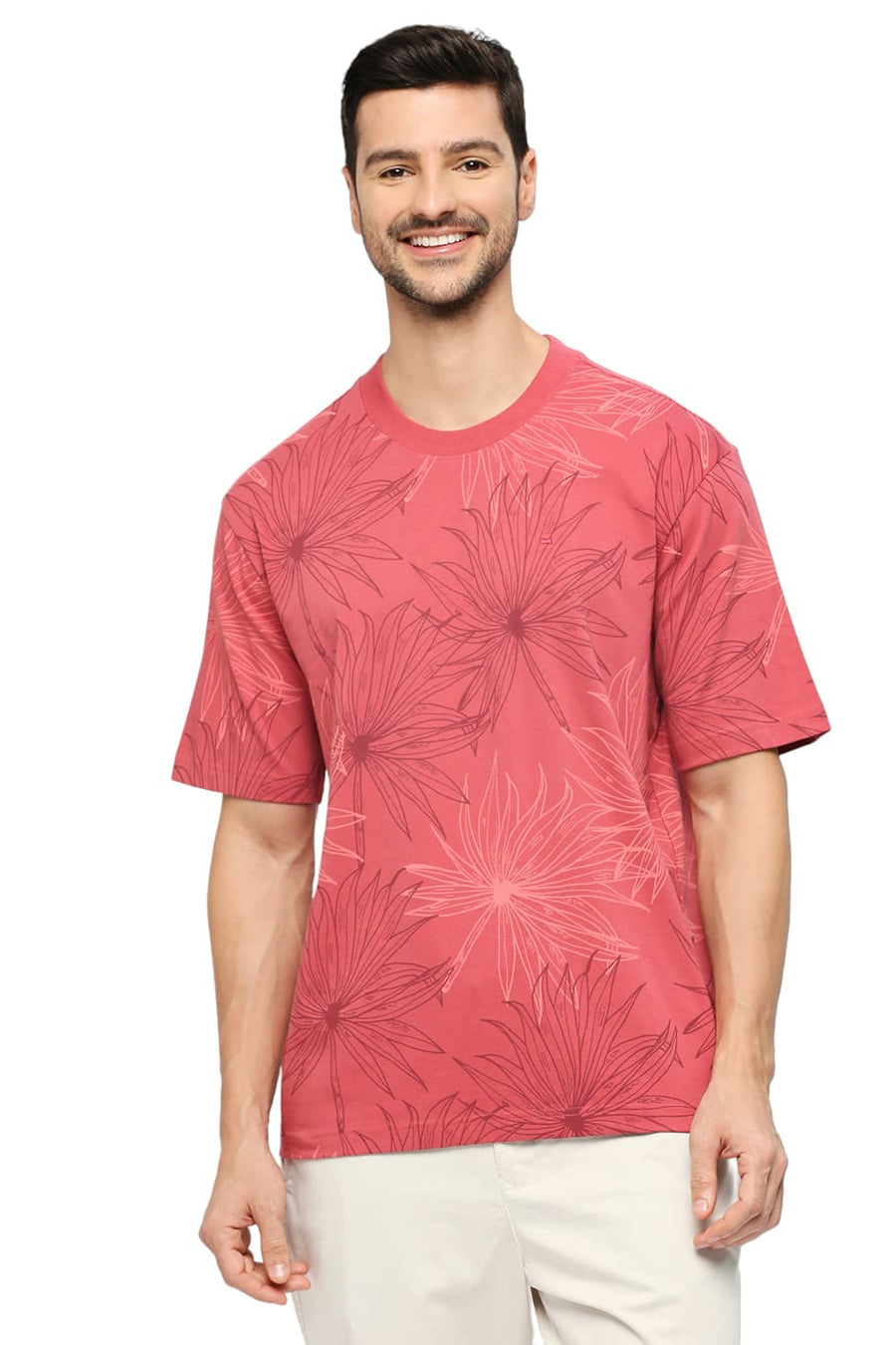 BASICS RELAXED FIT GARNET ROSE COTTON PRINTED CREW T-SHIRTS