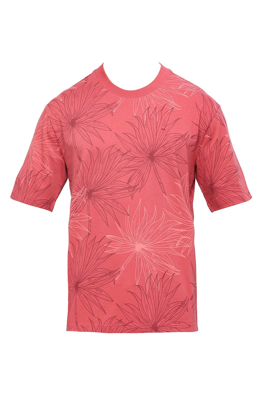 BASICS RELAXED FIT GARNET ROSE COTTON PRINTED CREW T-SHIRTS