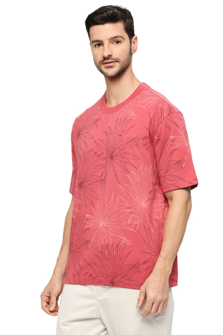 BASICS RELAXED FIT GARNET ROSE COTTON PRINTED CREW T-SHIRTS