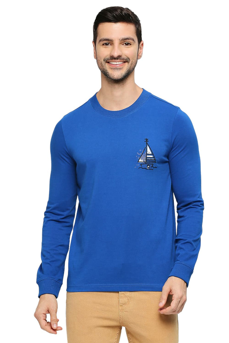 BASICS MUSCLE FIT NAUTICAL BLUE COTTON SOLID CREW T-SHIRTS