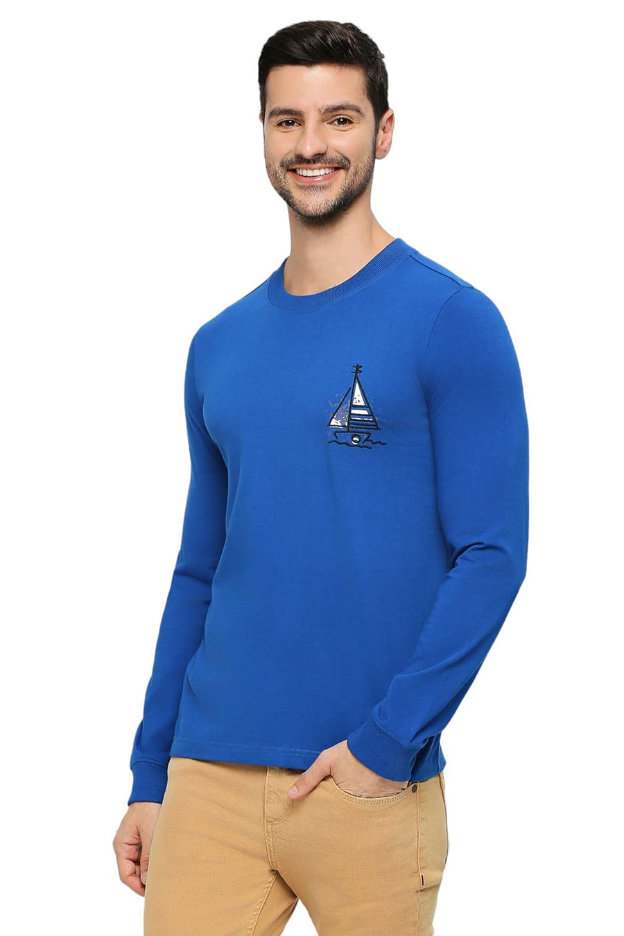 BASICS MUSCLE FIT NAUTICAL BLUE COTTON SOLID CREW T-SHIRTS