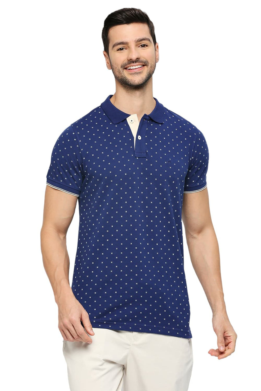 BASICS MUSCLE FIT TWILIGHT BLUE COTTON PRINTED POLO T-SHIRTS