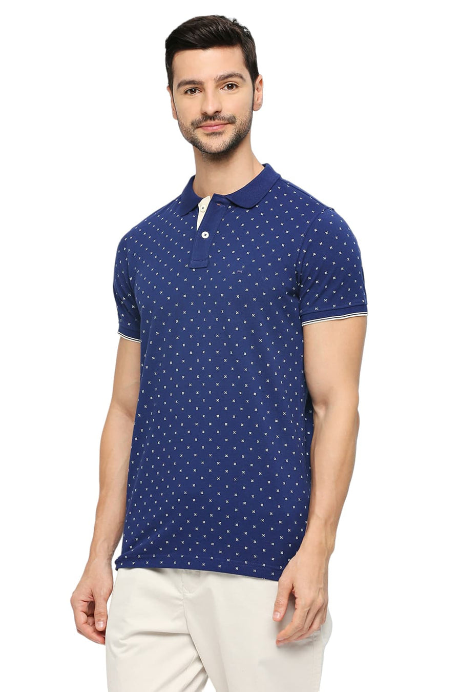 BASICS MUSCLE FIT TWILIGHT BLUE COTTON PRINTED POLO T-SHIRTS