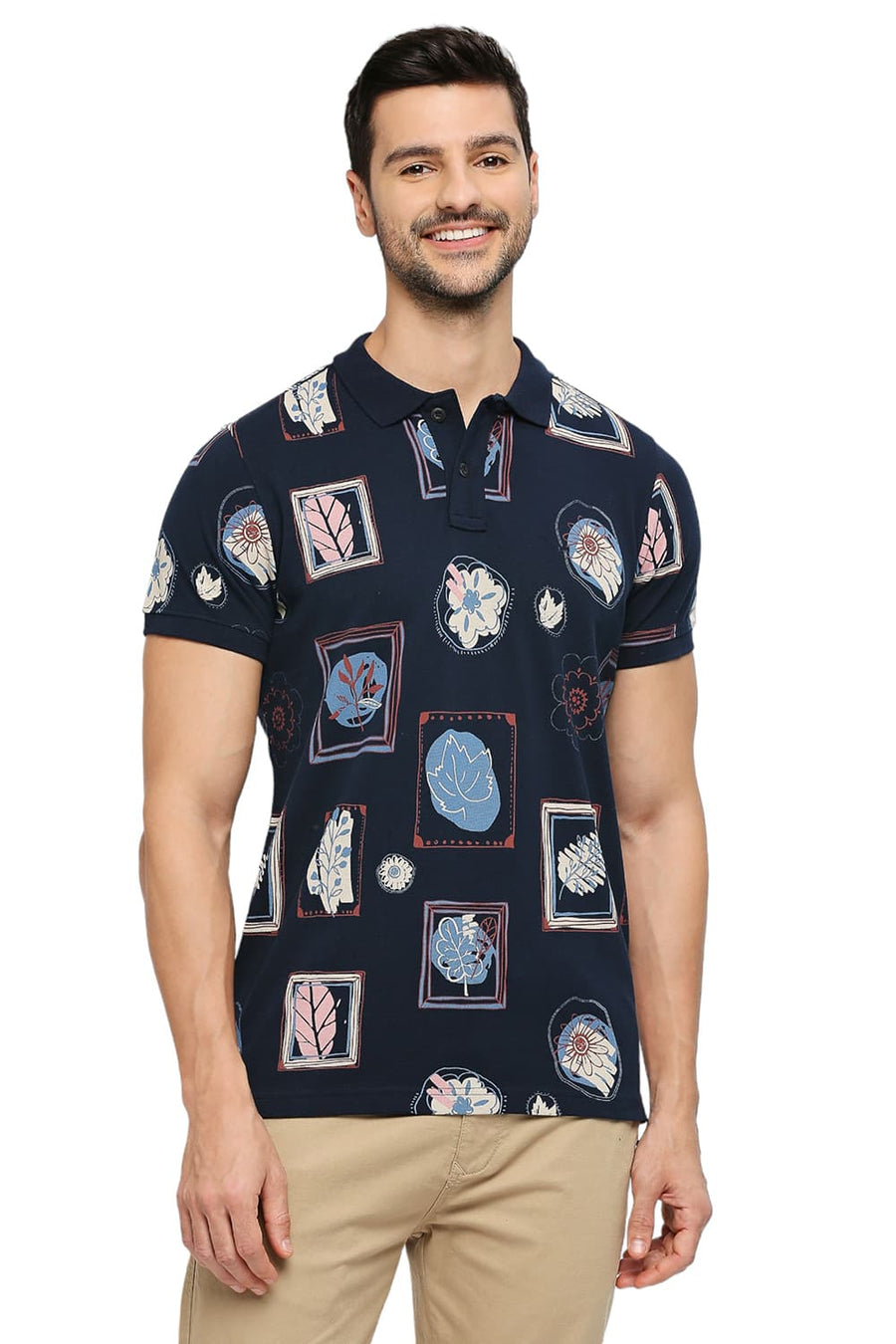BASICS MUSCLE FIT DRESS BLUES COTTON PRINTED POLO T-SHIRTS