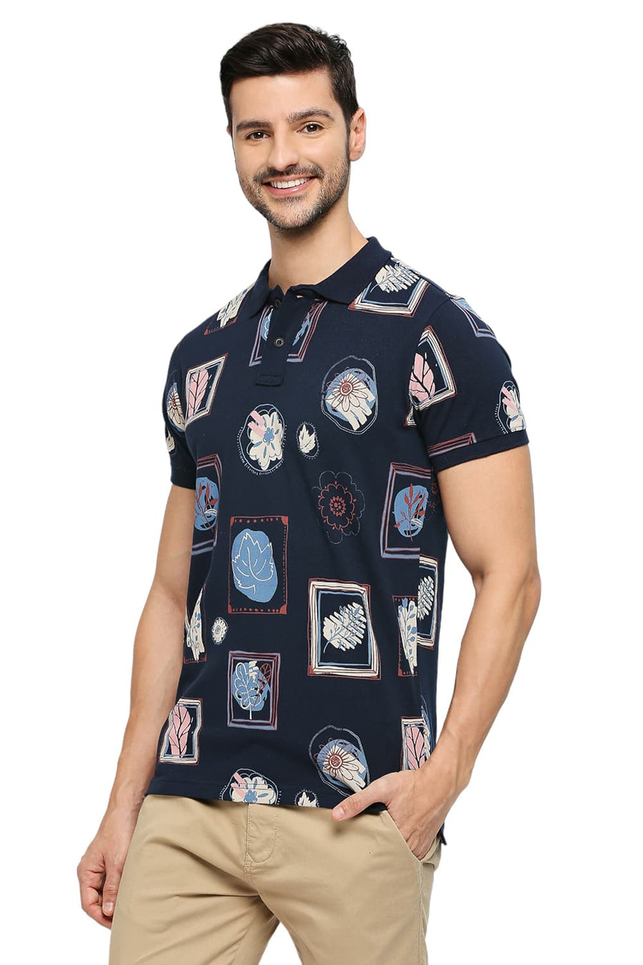BASICS MUSCLE FIT DRESS BLUES COTTON PRINTED POLO T-SHIRTS
