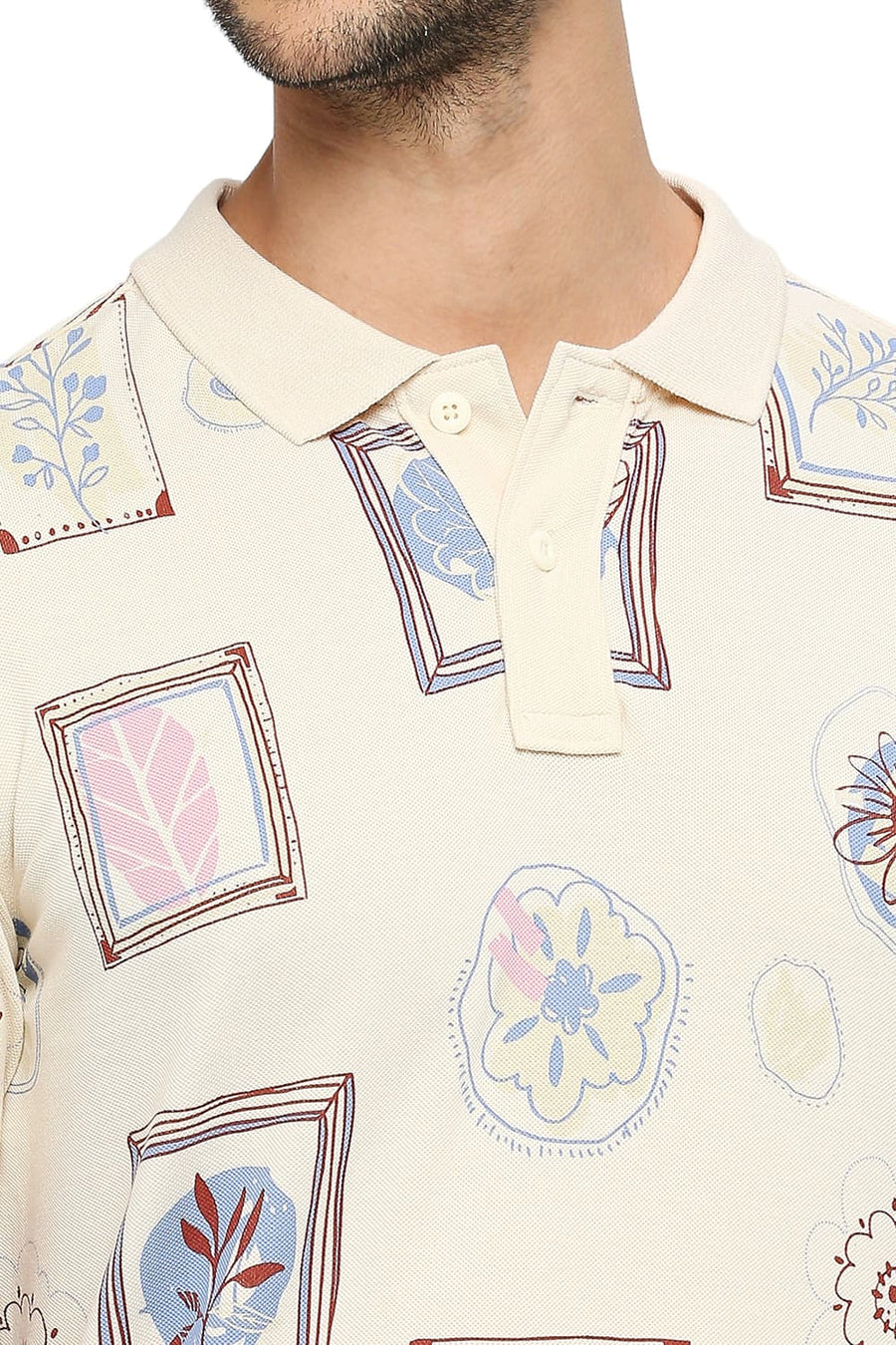 BASICS MUSCLE FIT PEARLED IVORY COTTON PRINTED POLO T-SHIRTS