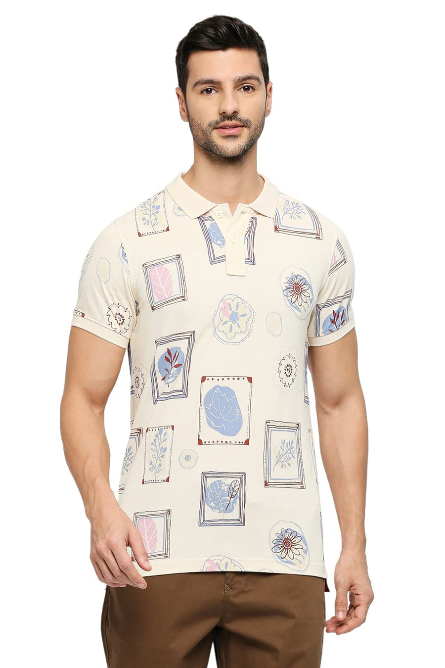 BASICS MUSCLE FIT PEARLED IVORY COTTON PRINTED POLO T-SHIRTS