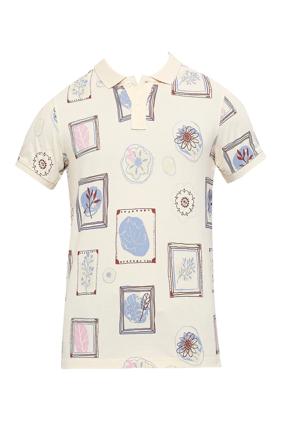 BASICS MUSCLE FIT PEARLED IVORY COTTON PRINTED POLO T-SHIRTS