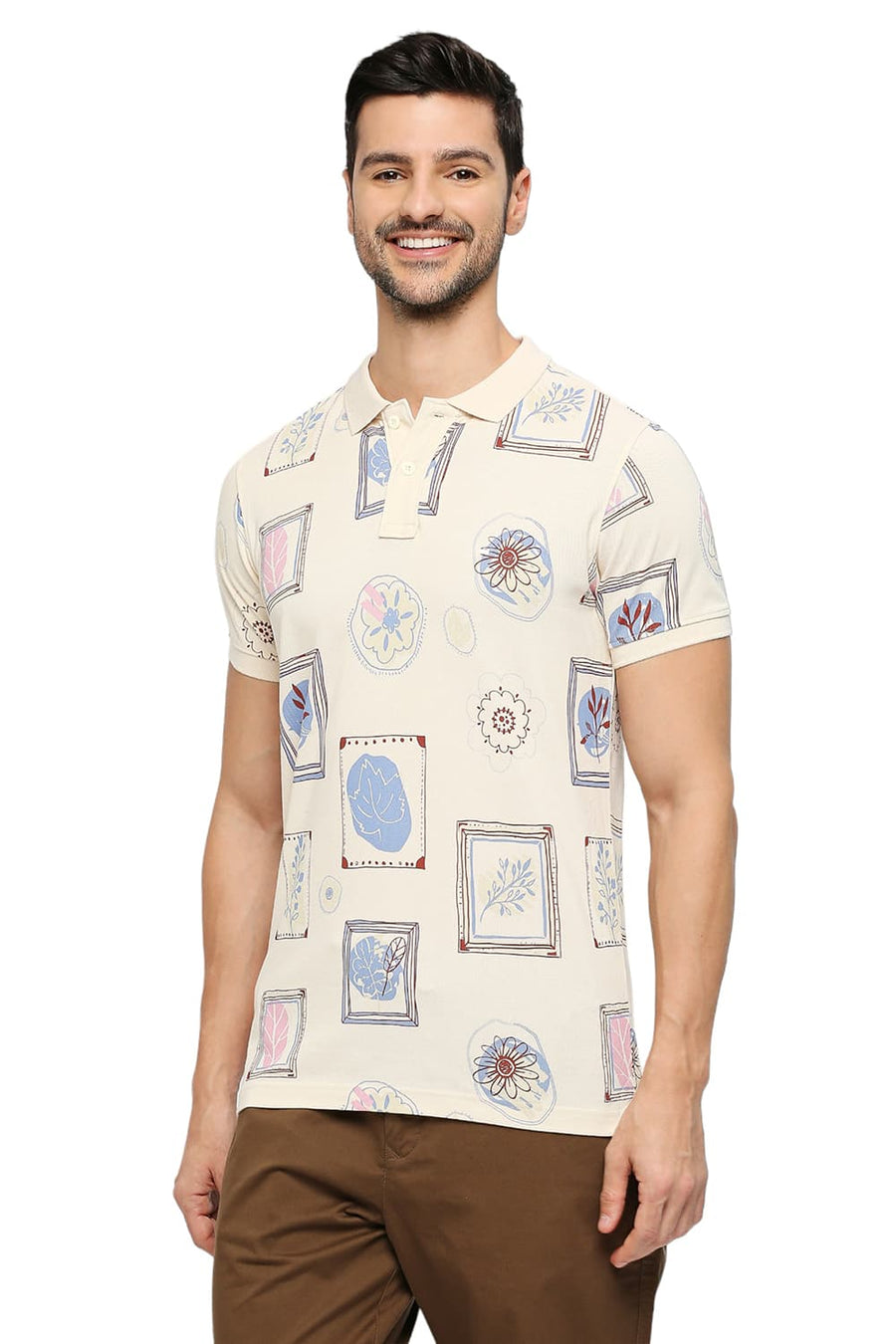 BASICS MUSCLE FIT PEARLED IVORY COTTON PRINTED POLO T-SHIRTS