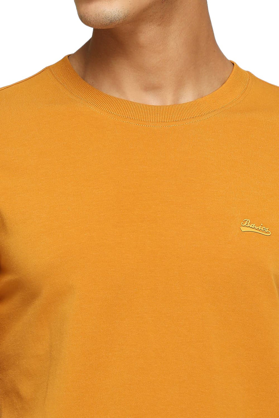 BASICS MUSCLE FIT MUSTARD YELLOW COTTON STRETCH SOLID CREW T-SHIRTS