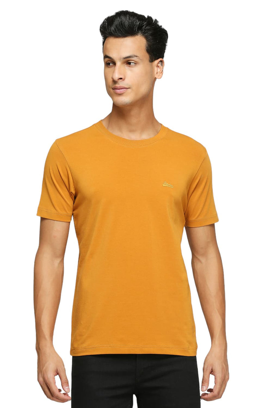 BASICS MUSCLE FIT MUSTARD YELLOW COTTON STRETCH SOLID CREW T-SHIRTS