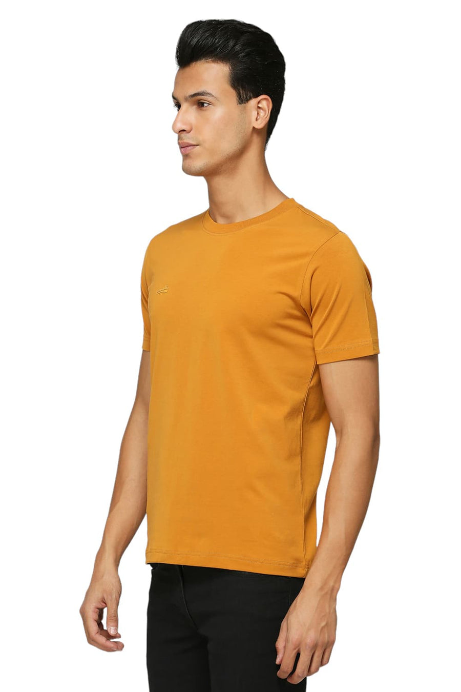 BASICS MUSCLE FIT MUSTARD YELLOW COTTON STRETCH SOLID CREW T-SHIRTS