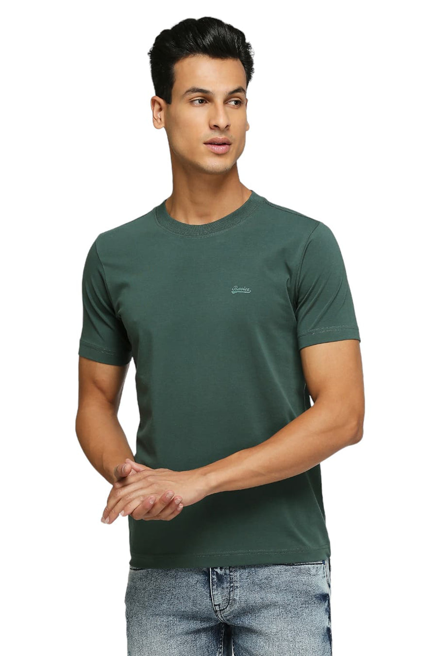 BASICS MUSCLE FIT GARDED TOPLARY COTTON STRETCH SOLID CREW T-SHIRTS