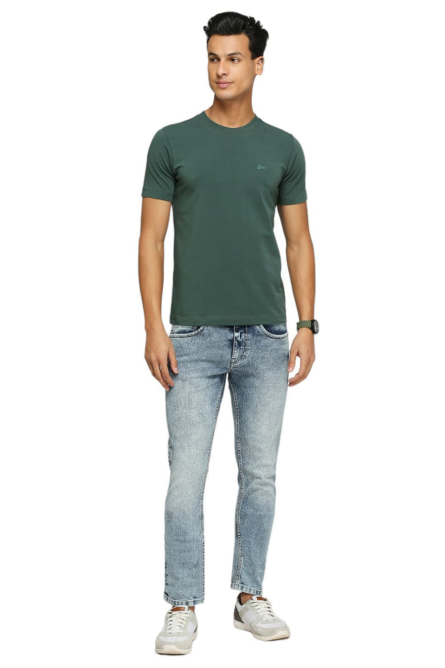 BASICS MUSCLE FIT GARDED TOPLARY COTTON STRETCH SOLID CREW T-SHIRTS
