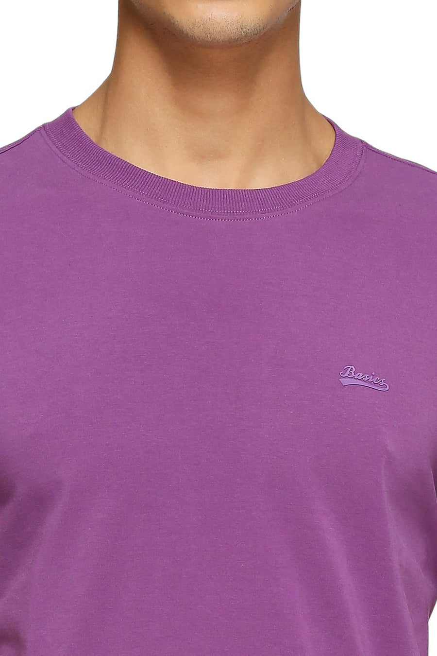 BASICS MUSCLE FIT PURPLE COTTON STRETCH SOLID CREW T-SHIRTS