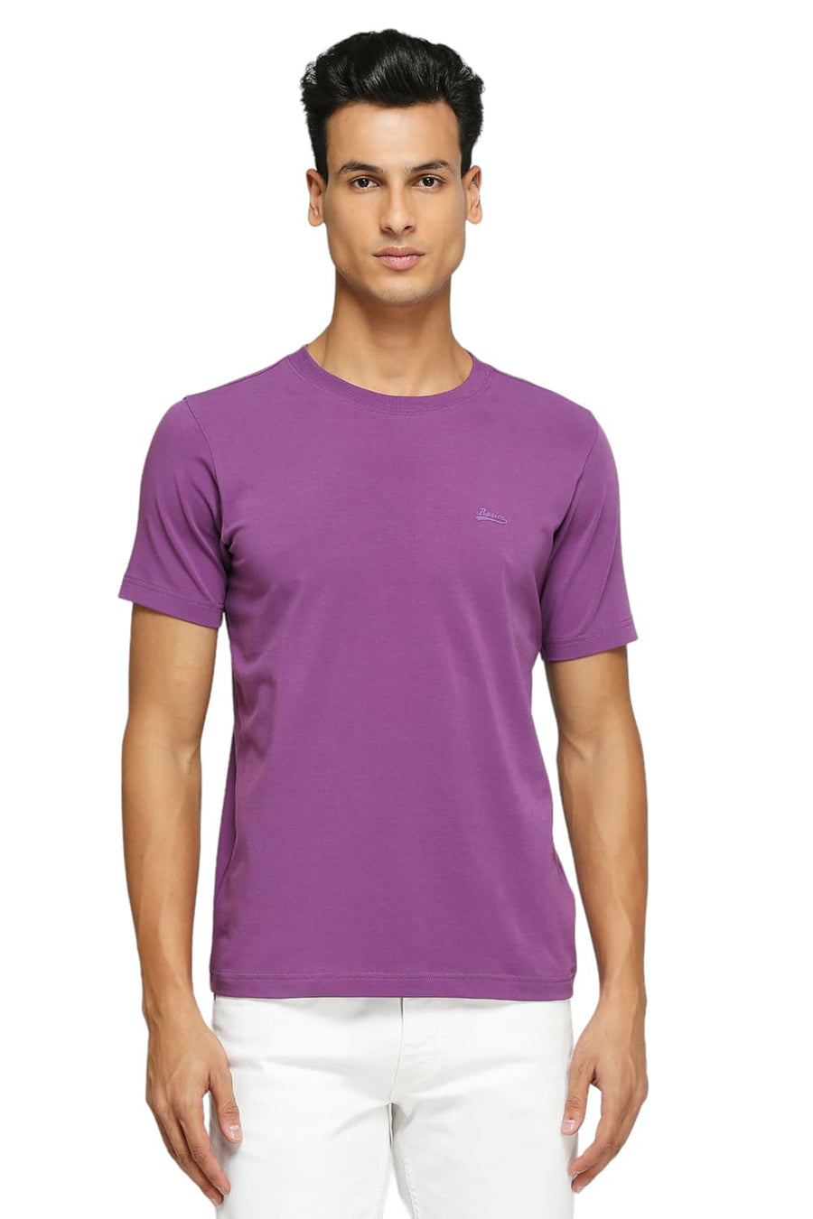 BASICS MUSCLE FIT PURPLE COTTON STRETCH SOLID CREW T-SHIRTS