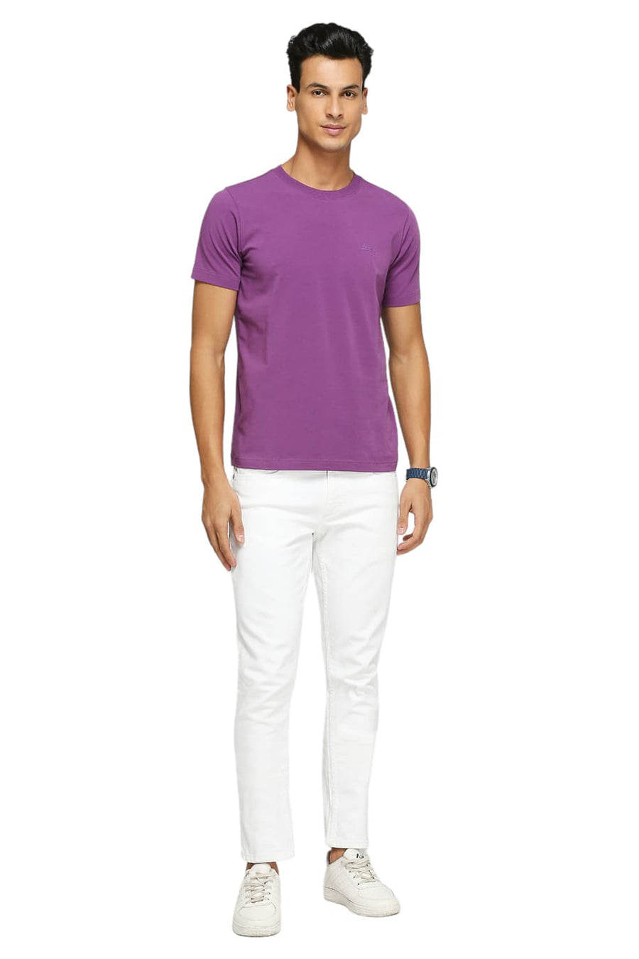 BASICS MUSCLE FIT PURPLE COTTON STRETCH SOLID CREW T-SHIRTS
