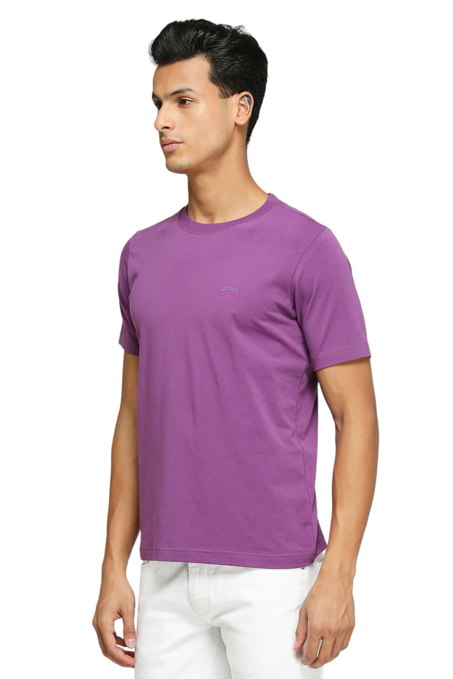 BASICS MUSCLE FIT PURPLE COTTON STRETCH SOLID CREW T-SHIRTS