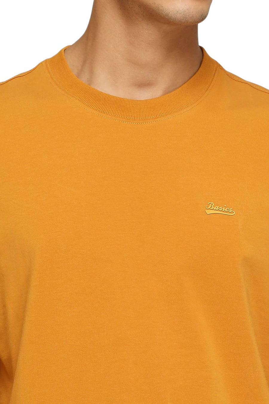 BASICS MUSCLE FIT MUSTARD YELLOW COTTON STRETCH SOLID CREW T-SHIRTS