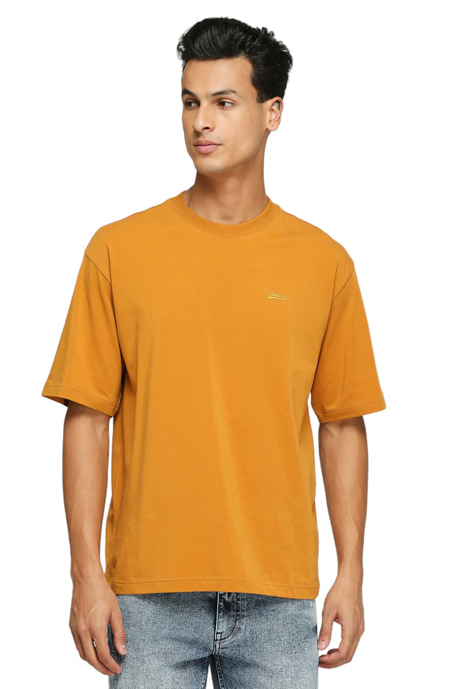 BASICS MUSCLE FIT MUSTARD YELLOW COTTON STRETCH SOLID CREW T-SHIRTS