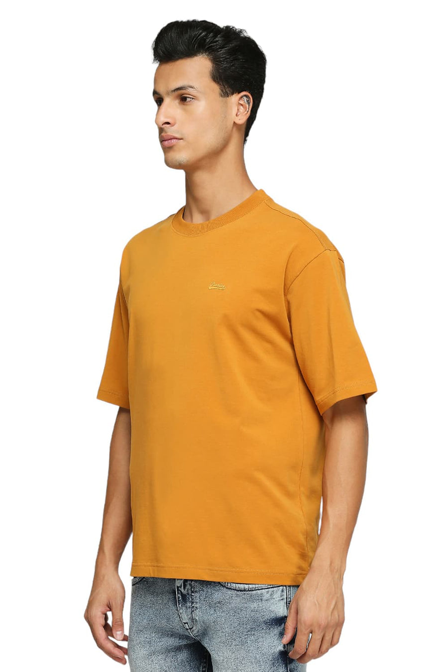BASICS MUSCLE FIT MUSTARD YELLOW COTTON STRETCH SOLID CREW T-SHIRTS
