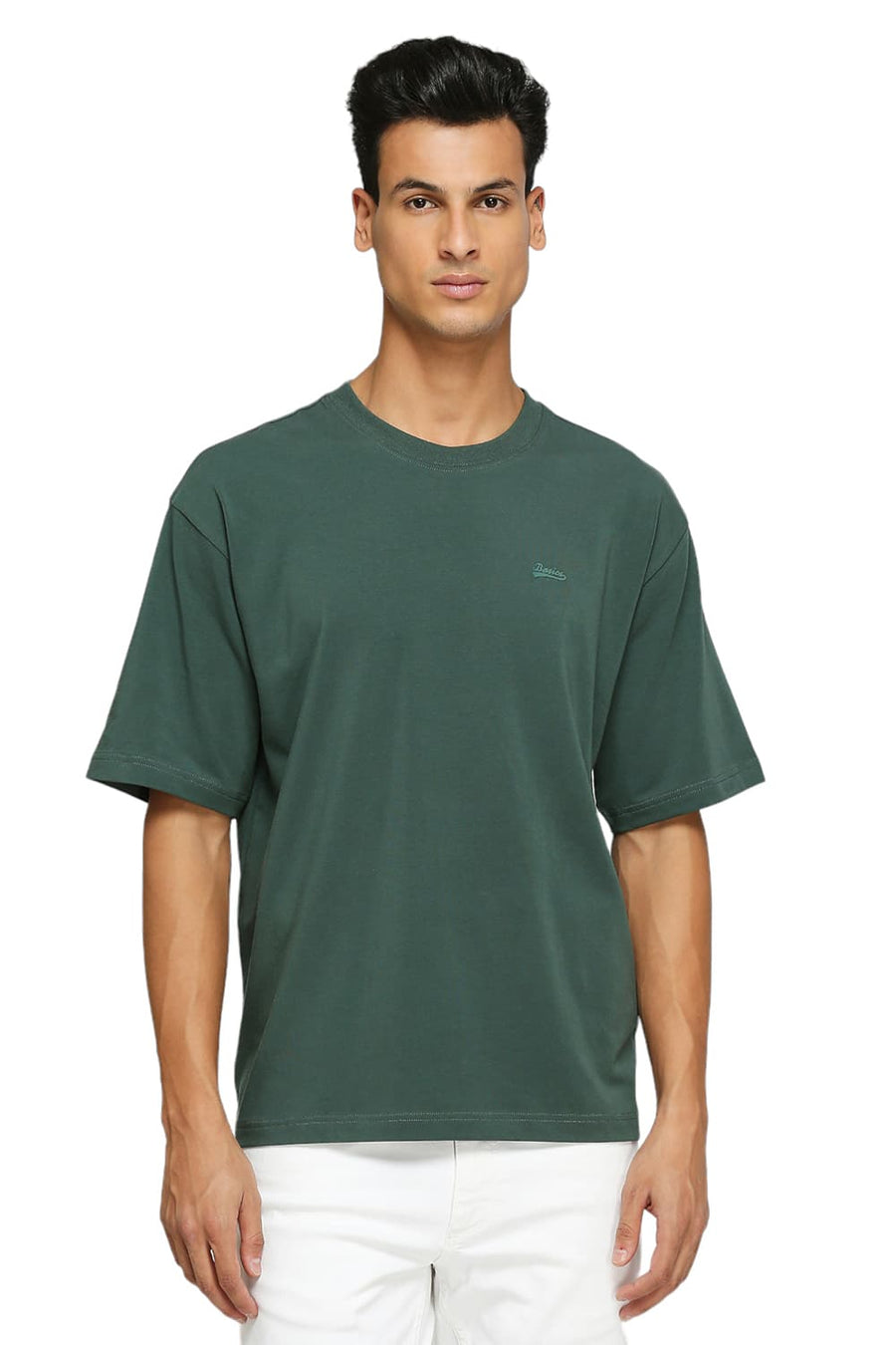BASICS MUSCLE FIT GARDED TOPLARY COTTON STRETCH SOLID CREW T-SHIRTS