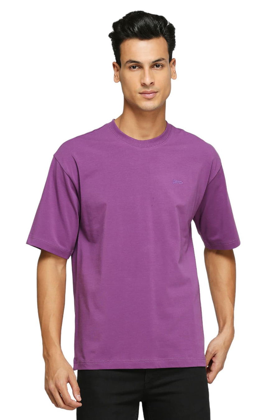 BASICS MUSCLE FIT PURPLE COTTON STRETCH SOLID CREW T-SHIRTS