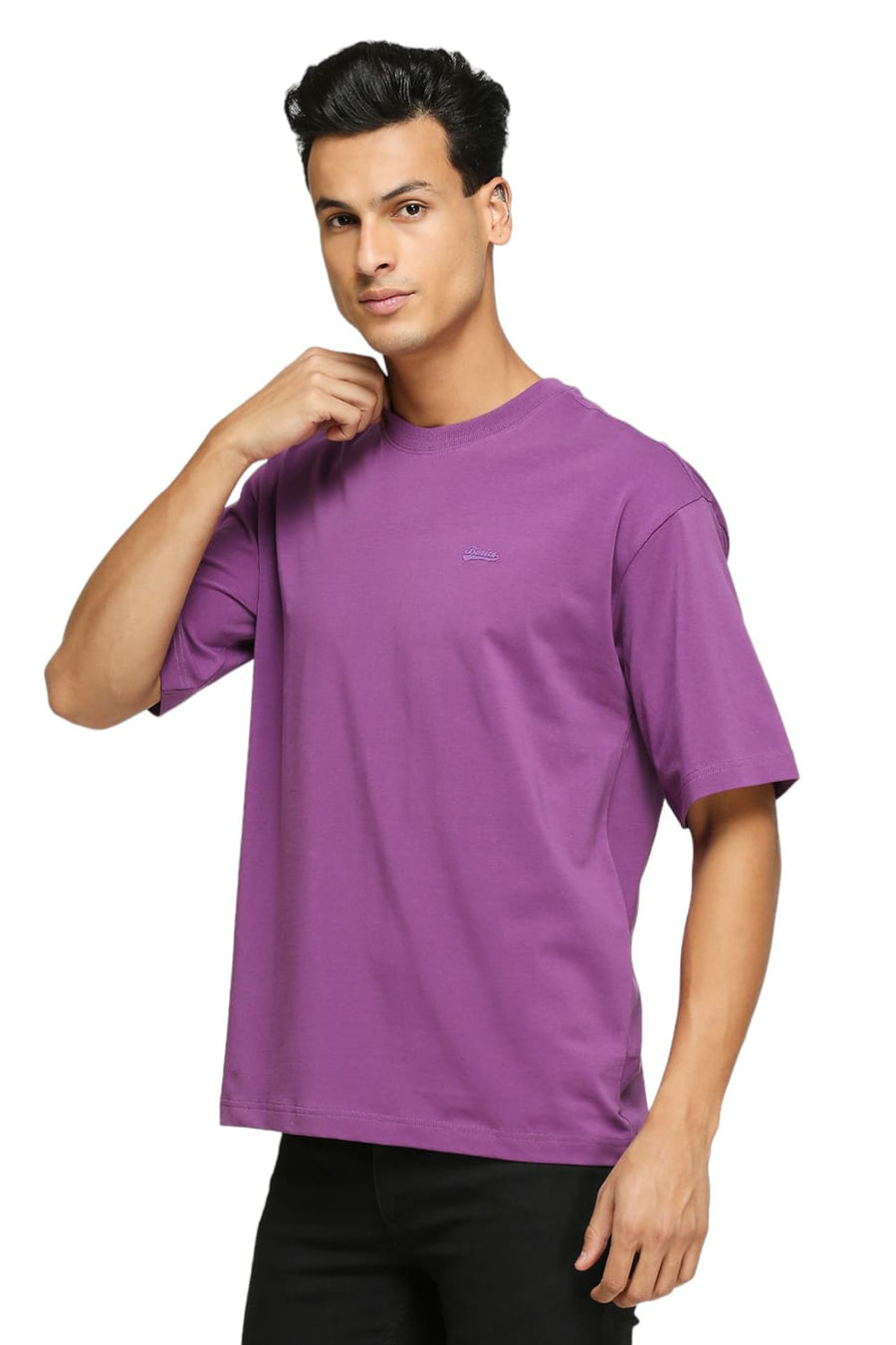 BASICS MUSCLE FIT PURPLE COTTON STRETCH SOLID CREW T-SHIRTS