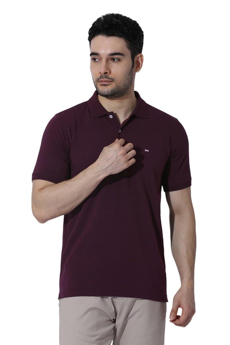 BASICS REGULAR FIT CABERNET WINE COTTON STRETCH SOLID POLO T-SHIRTS