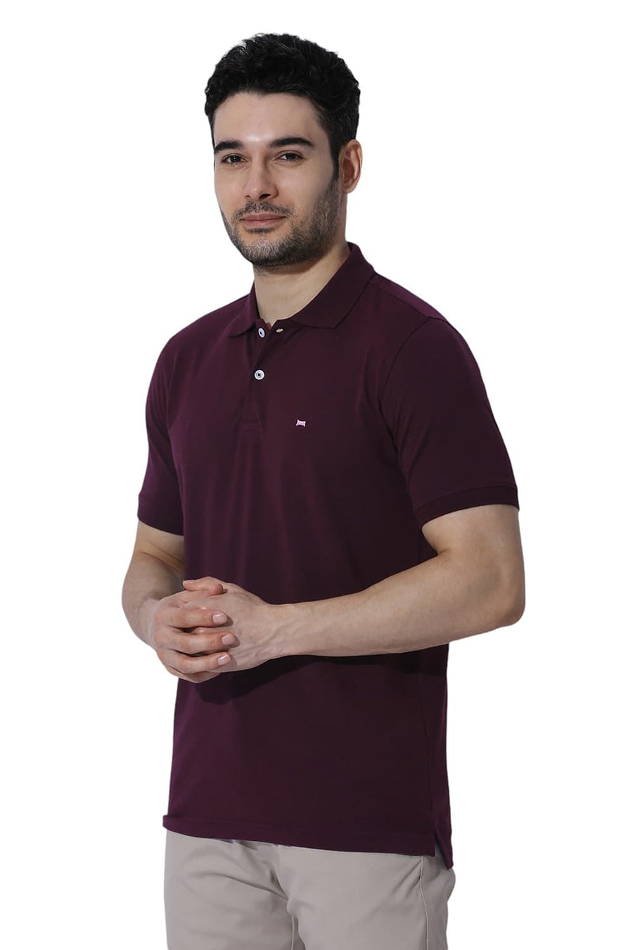 BASICS REGULAR FIT CABERNET WINE COTTON STRETCH SOLID POLO T-SHIRTS
