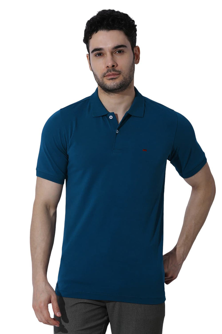BASICS REGULAR FIT LEGION BLUE COTTON STRETCH SOLID POLO T-SHIRTS