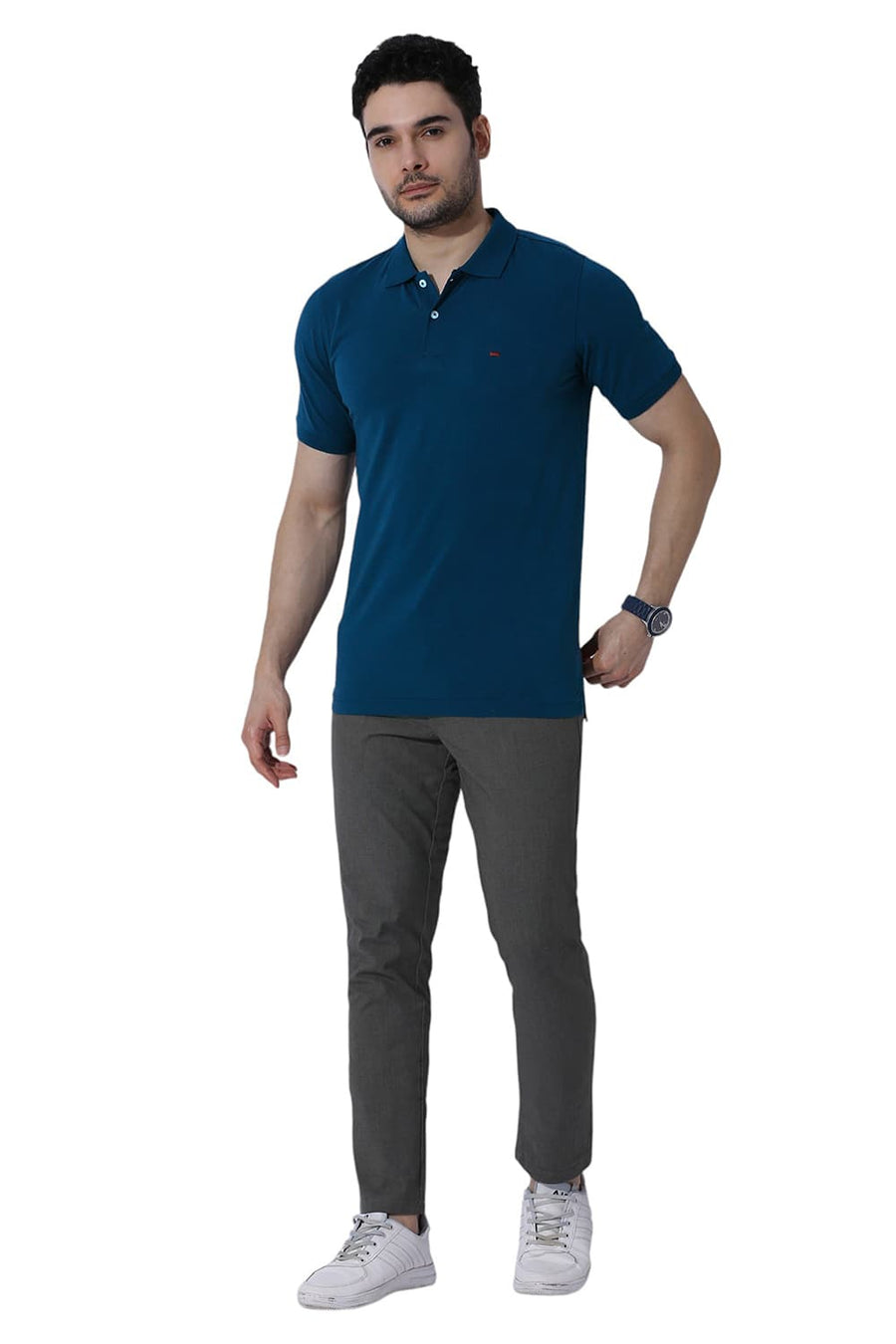 BASICS REGULAR FIT LEGION BLUE COTTON STRETCH SOLID POLO T-SHIRTS