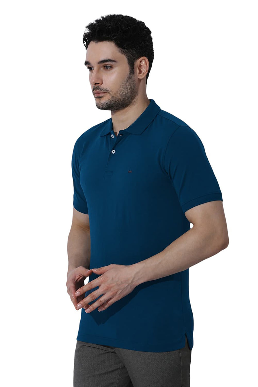BASICS REGULAR FIT LEGION BLUE COTTON STRETCH SOLID POLO T-SHIRTS