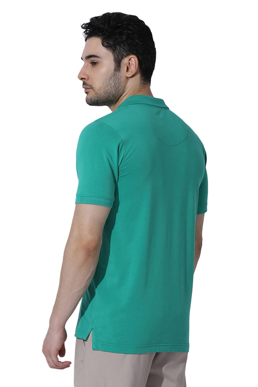 BASICS REGULAR FIT SIMPLY GREEN COTTON STRETCH SOLID POLO T-SHIRTS
