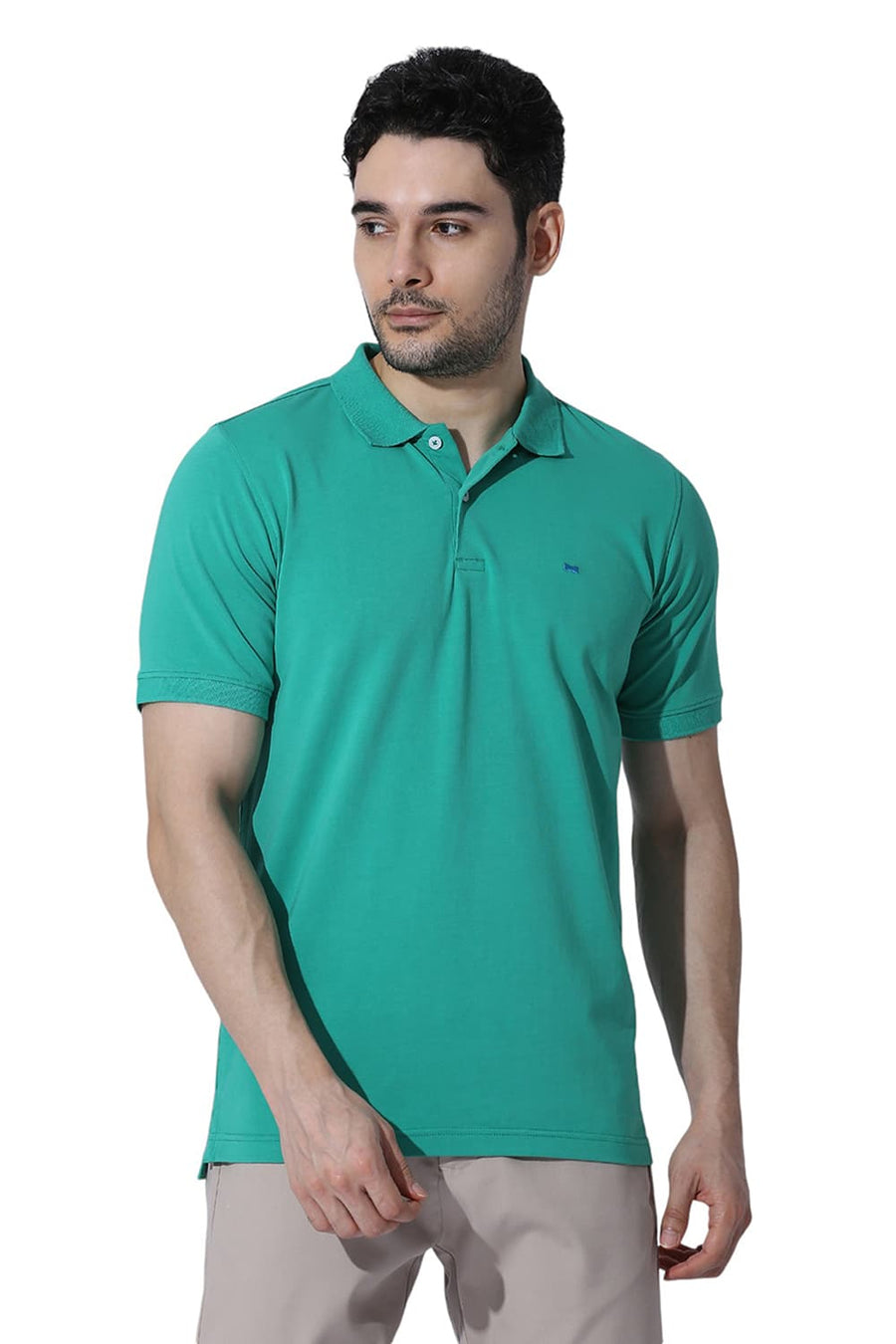BASICS REGULAR FIT SIMPLY GREEN COTTON STRETCH SOLID POLO T-SHIRTS