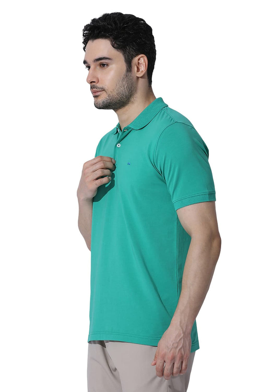 BASICS REGULAR FIT SIMPLY GREEN COTTON STRETCH SOLID POLO T-SHIRTS