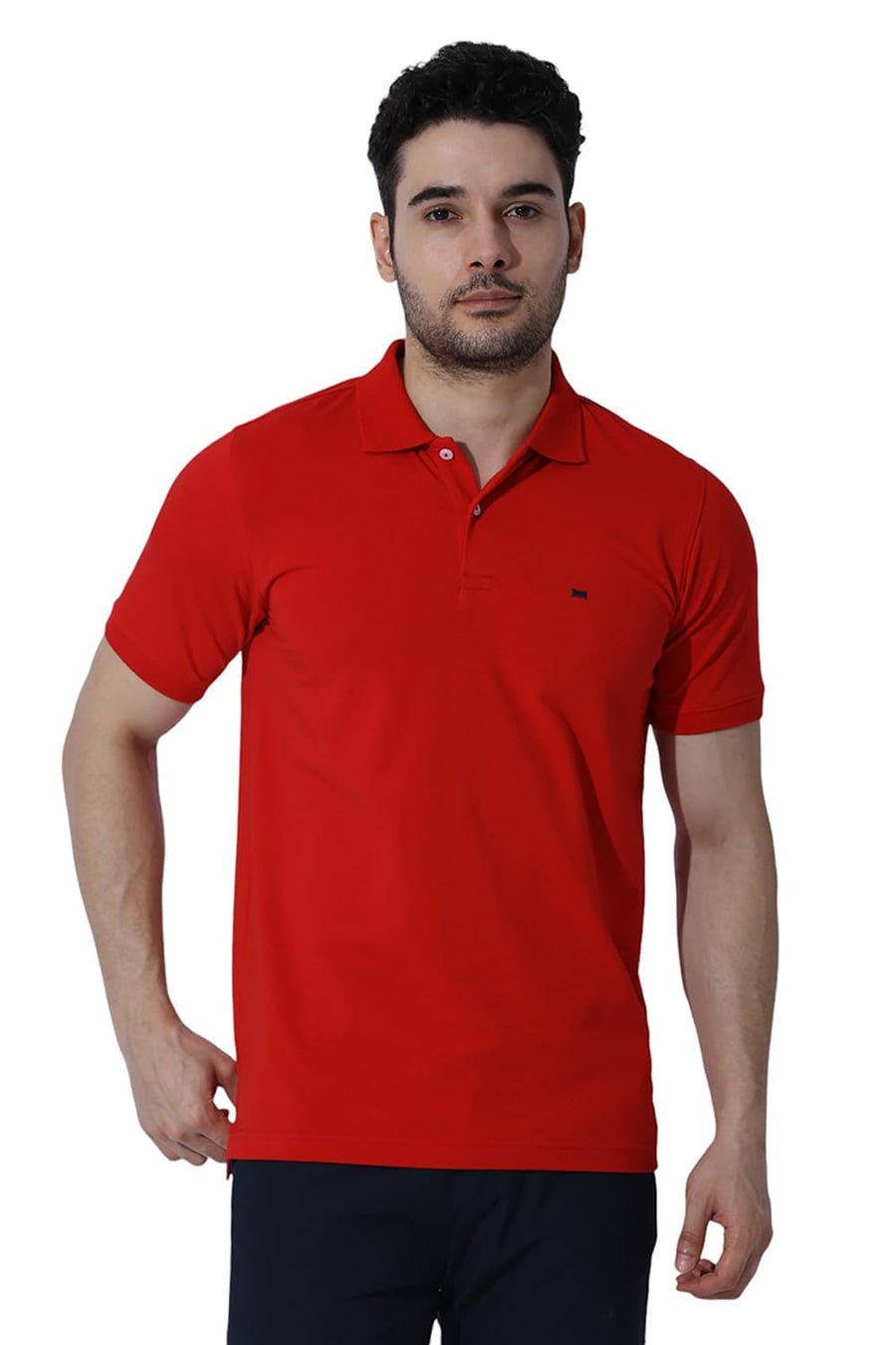 BASICS REGULAR FIT RACING RED COTTON STRETCH SOLID POLO T-SHIRTS