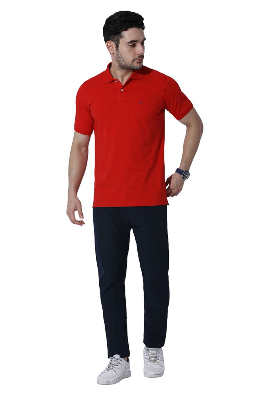 BASICS REGULAR FIT RACING RED COTTON STRETCH SOLID POLO T-SHIRTS
