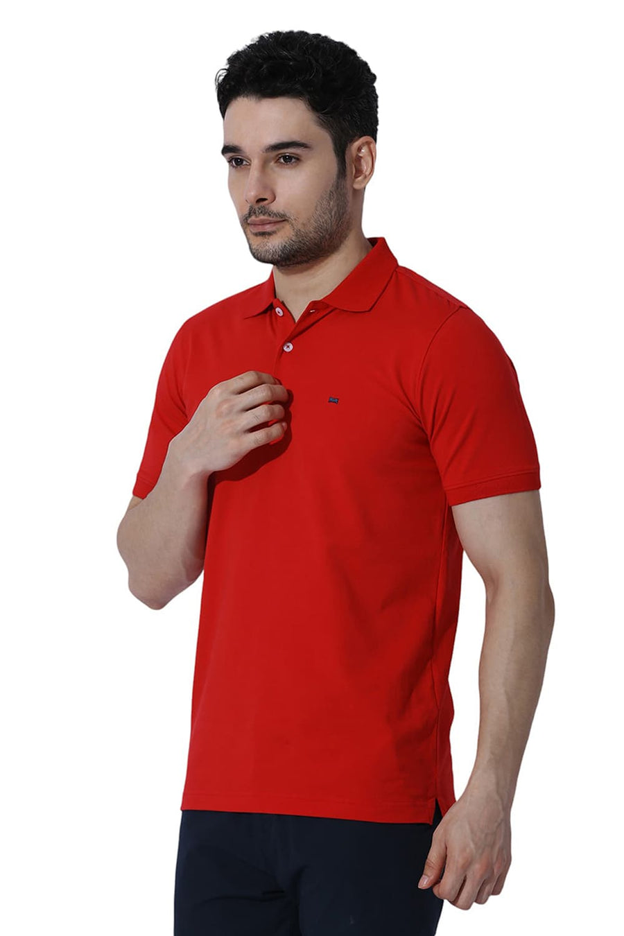 BASICS REGULAR FIT RACING RED COTTON STRETCH SOLID POLO T-SHIRTS