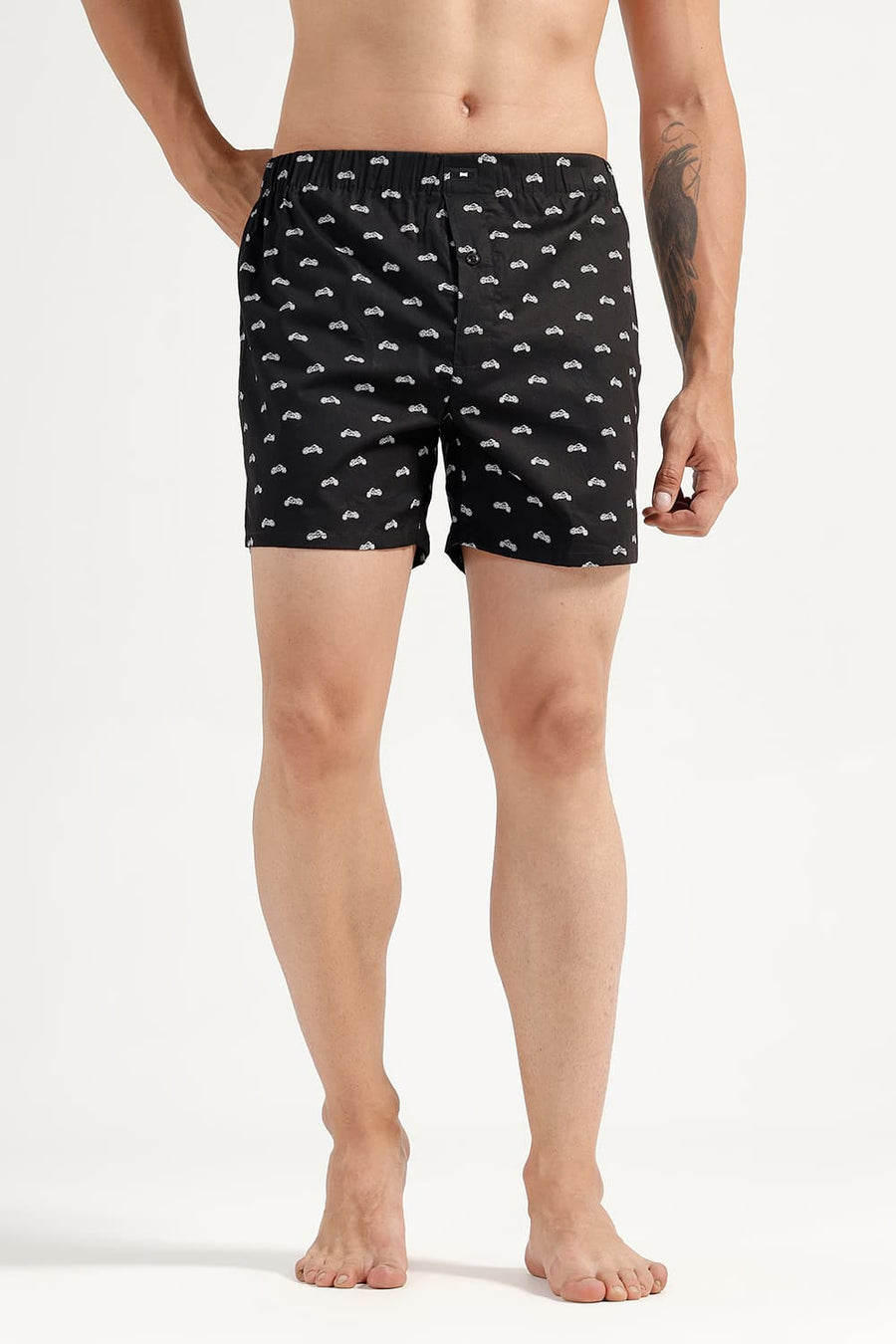 BASICS SLIM FIT BLACK COTTON PRINTED BOXER SHORTS