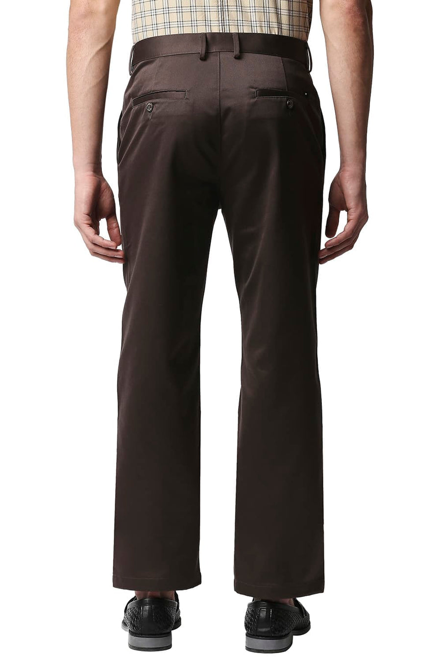 BASICS COMFORT FIT MID BROWN SATIN WEAVE POLY COTTON TROUSERS