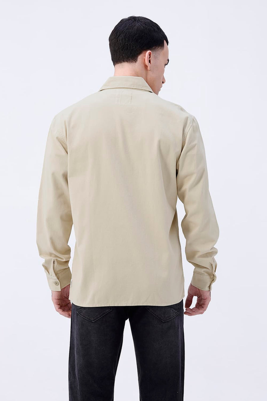 BASICS RELAXED FIT BEIGE COTTON STRETCH TWILL OPEN COLLAR SHACKET