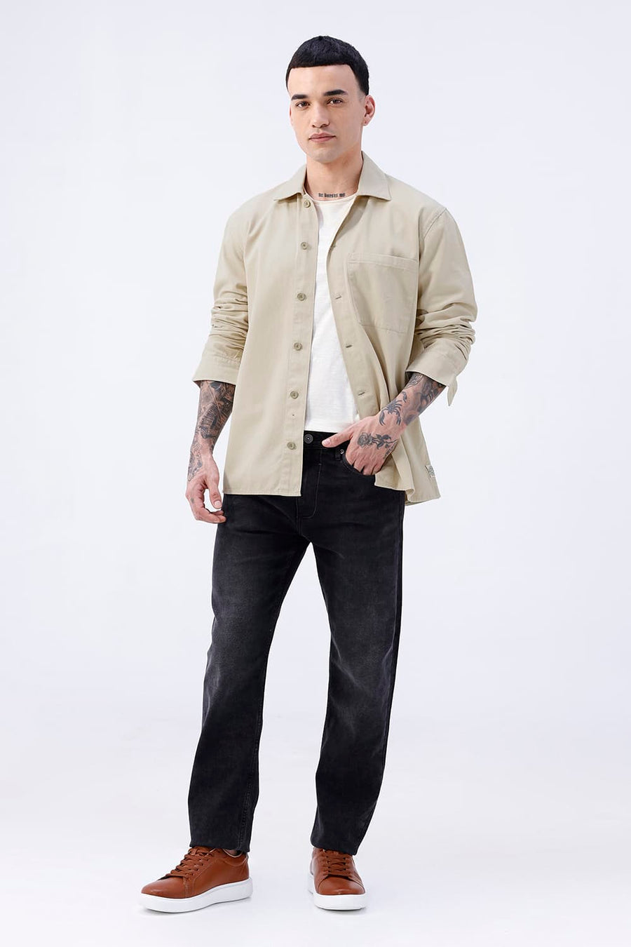 BASICS RELAXED FIT BEIGE COTTON STRETCH TWILL OPEN COLLAR SHACKET