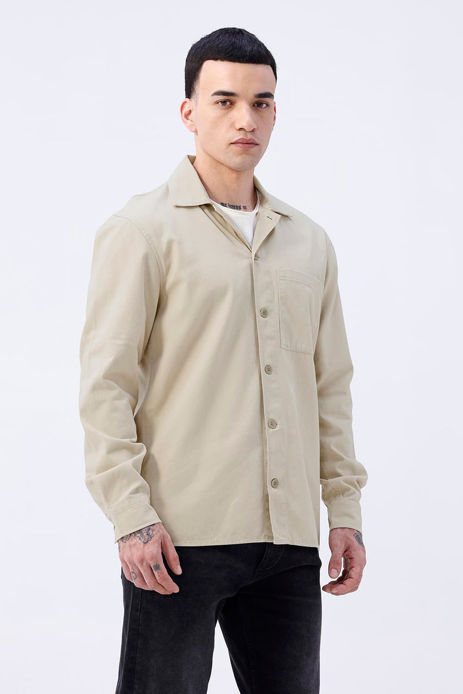 BASICS RELAXED FIT BEIGE COTTON STRETCH TWILL OPEN COLLAR SHACKET