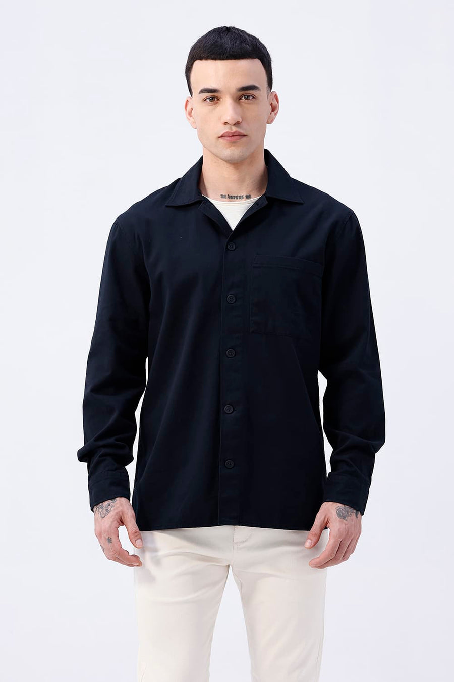 BASICS RELAXED FIT NAVY COTTON STRETCH TWILL OPEN COLLAR SHACKET