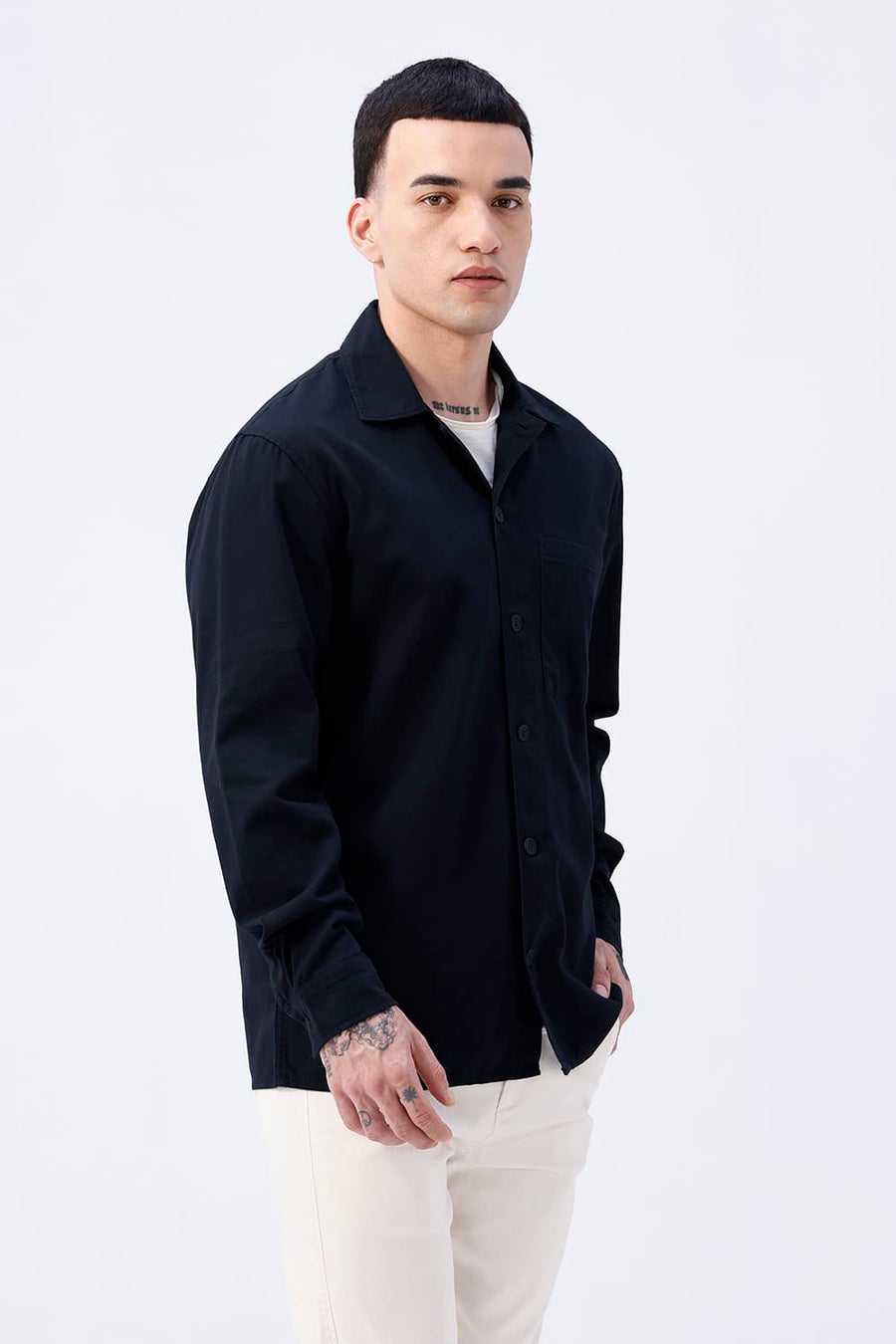 BASICS RELAXED FIT NAVY COTTON STRETCH TWILL OPEN COLLAR SHACKET