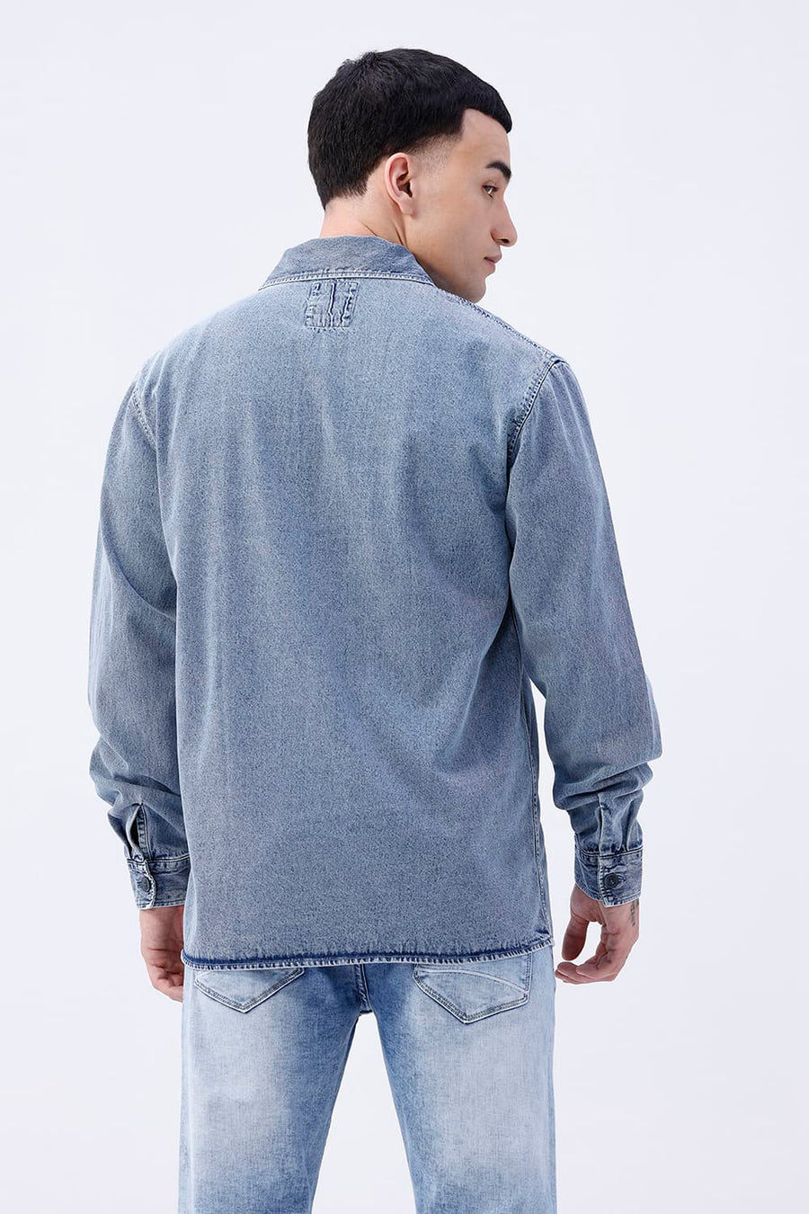 BASICS RELAXED FIT BLUE COTTON STRETCH TWILL OPEN COLLAR SHACKET
