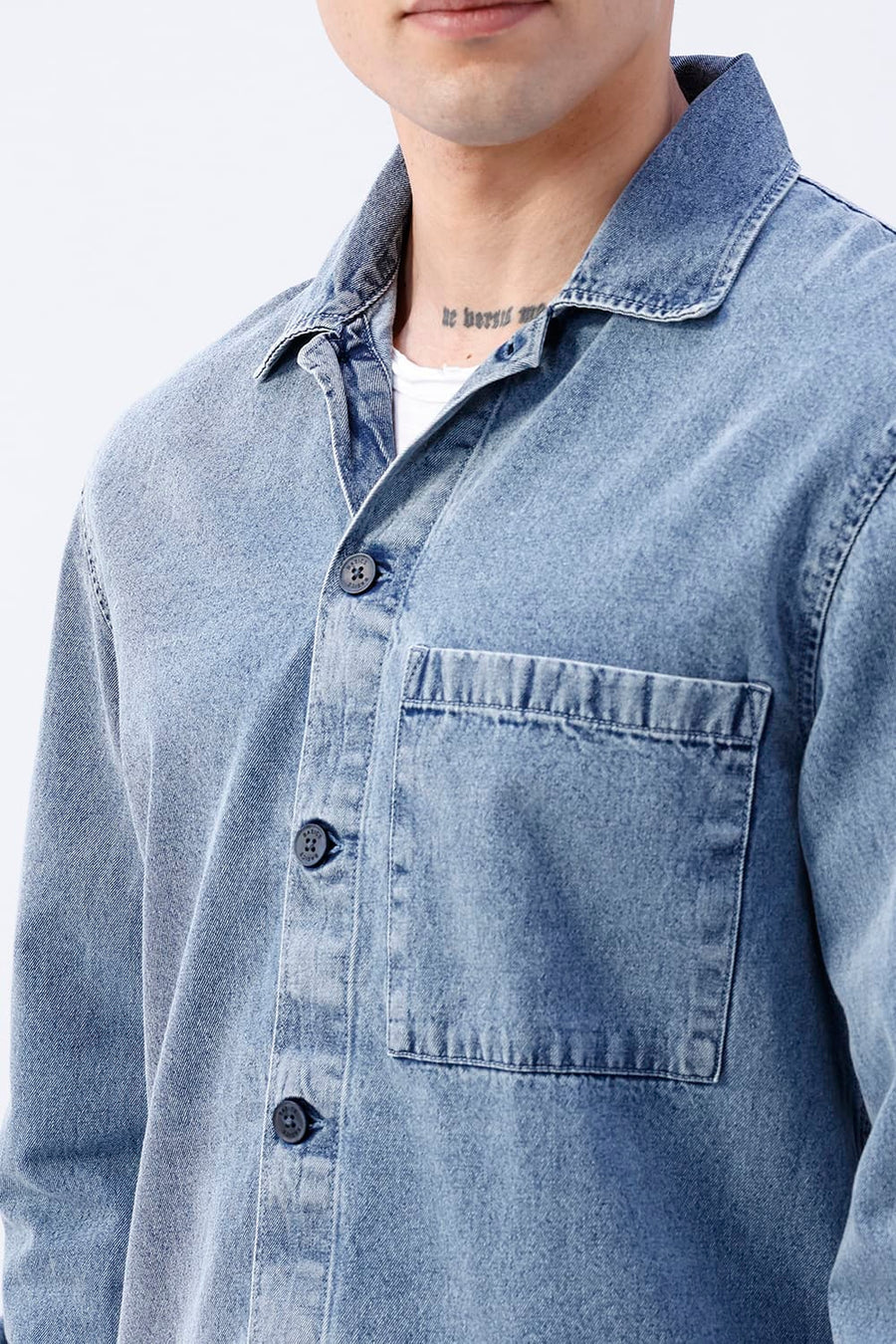 BASICS RELAXED FIT BLUE COTTON STRETCH TWILL OPEN COLLAR SHACKET