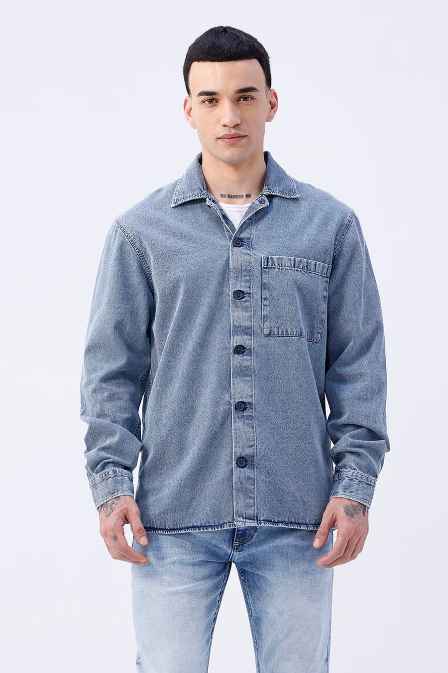 BASICS RELAXED FIT BLUE COTTON STRETCH TWILL OPEN COLLAR SHACKET